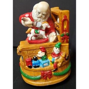 CHRISTMAS wind-up MUSIC BOX SANTA CLAUS IS COMING TO TOWN VTG 80s Toy Workshop